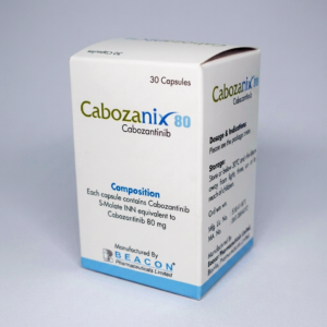 Description About Cabozanix 80 Mg The pharmaceutical firm Beacon Pharmaceuticals Limited has a stellar reputation. They keep working on a cure for cancer. The most effective cancer drugs are developed by improving the current drug formula. Beacon Pharmaceuticals Limited eventually developed a cabozantinib formulation after many years of effort. Cabozanix 80 Mg is the brand name. It’s a great illustration of how to make a Cabozantinib drug. This treatment is effective for kidney and medullary thyroid cancers that have metastasized to other body parts. Cabozantinib, a small molecule tyrosine kinase inhibitor, was recently approved by the FDA to treat metastatic renal cell carcinoma in patients who have progressed on first-line therapy. The drug was initially found to be effective in treating medullary thyroid cancer. Capsules of cabozanix 80mg When comparing cabozantinib and everolimus in the METEOR trial, the results showed that those who took cabozantinib fared better in terms of overall survival, progression-free survival, and response rates. According to the CABOSUN trial, cabozanix at 80 mg/day is effective for the initial treatment of RCC. Patients with previously untreated metastatic RCC were randomly assigned to receive either cabozantinib or sunitinib; the former showed superiority in the study’s primary endpoint, progression-free survival. Cabozanix 80 Mg’s preliminary efficacy and unique mechanism of action suggest it may one day be used to treat other types of malignancies. Dosage Don’t take this medication unless given the correct dosing instructions. A fetal outcome is possible regardless of whether an overdose or underdose occurred. Knowing how much Cabozanix 80 Mg to take is crucial. Here, we’ll do our best to fill in all the details you need to know about taking 80 milligrams of Cabozanix. Until the disease worsens or the side effects become intolerable, a single daily dose of 140 mg of Cabozanix 80 Mg should be taken on an empty stomach. Recommend that patients not eat for two hours before taking Cabozanix 80 Mg and wait one hour afterward. Cabozanix 80 Mg should be taken as directed, with the capsules still intact. If you have any Cabozanix 80 Mg capsules, keep them sealed. If your next dose is within 12 hours, skip the missed dose and take only the regular dose. Cabozanix 80 Mg should be taken without any foods or beverages that may inhibit cytochrome P450, such as grapefruit or grapefruit juice. Side Effects Consequences of taking cabozanix 80 mg could be quite severe, and they include: We are well aware that every product has some flaws. When it comes to cancer treatments, there is no distinction. There are some negative effects of taking cabozanix 80 mg. To get better, you have to go through this. The following symptoms indicate that you may need medical attention: hives; difficulty breathing; swelling of the face, lips, tongue, or throat; severe stomach pain; choking or gagging when eating or drinking; severe headache; blurred vision; pounding in the neck or ears; severe and persistent vomiting; diarrhea; or constipation; swelling of the hands, arms, legs, or feet; easy bruising; and unusual bleeding (nosebleeds, bleeding gums; heavy menstrual bleeding; or any bleeding that. You must get medical attention immediately if you’re experiencing any of these signs. Cabozanix 80 Mg’s most typical negative effects are: Storage Maintain a dark, dry place with temperatures below 30 degrees Celsius. Put out of the reach of children.